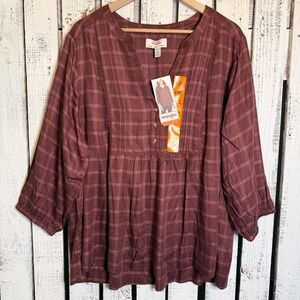 Wrangler Women XXL Maroon Plaid Top 3/4 Sleeve Soft Flowing Lightweight Feminine